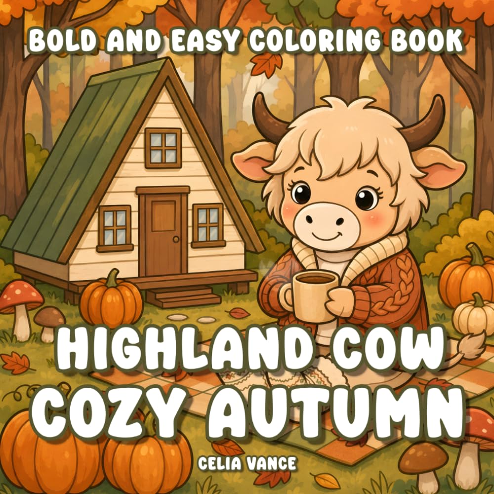 Cozy Highland Cow Autumn Bold and Easy Coloring Book: Kawaii Scottish Cows Fall Designs for Kids and Teens