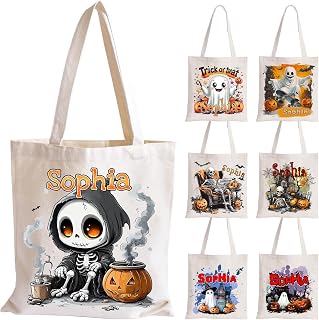 Personalized Halloween Tote Bag with Name Customized Trick or Treat Canvas Totes Witch Castle Skeleton Ghost Candy Bag