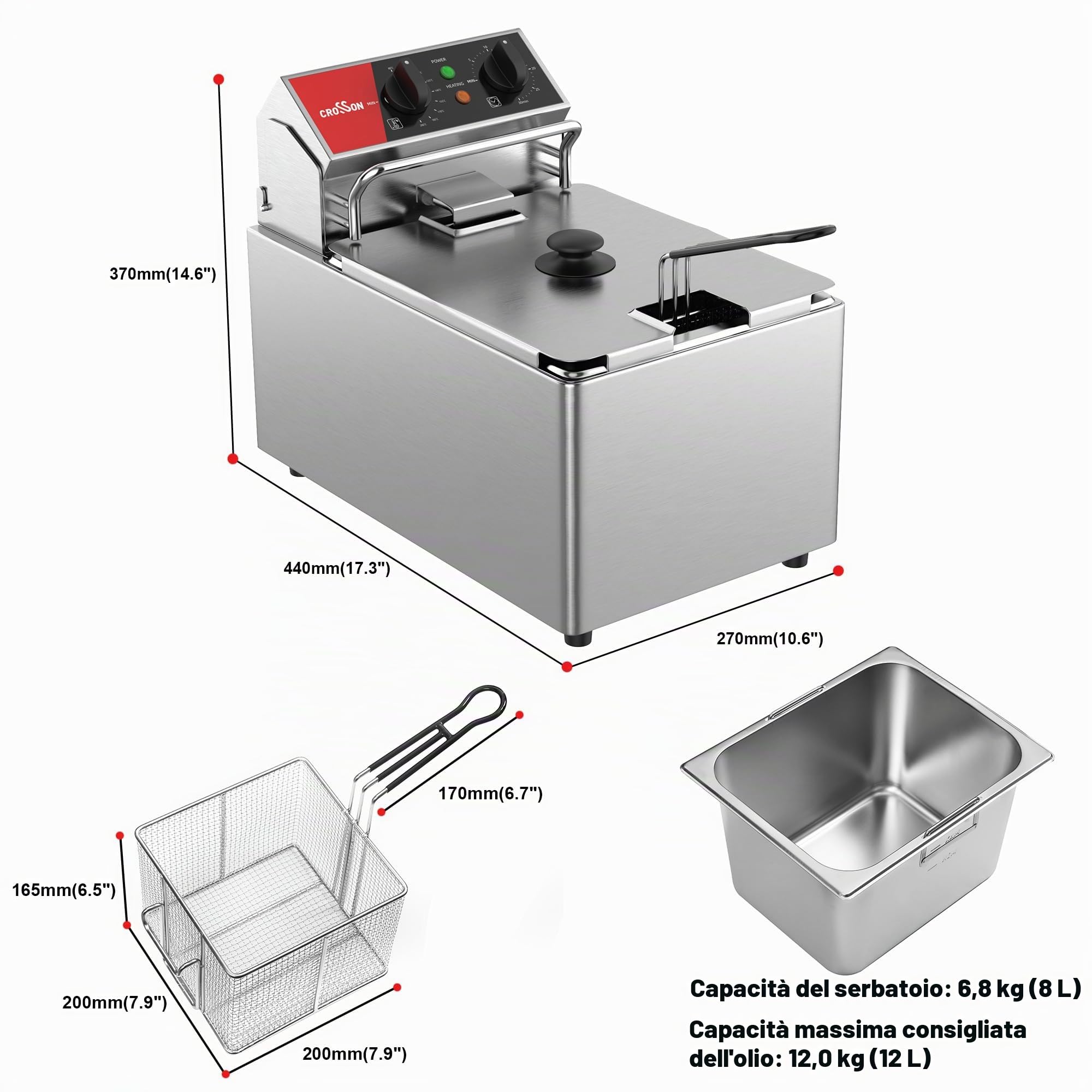 CROSSON Friggitrice Elettrica Professionale 8L 3250W Friggitrice a Olio Elettrica Temperatura Controllata 80-200°C per Cucina Hotel Ristorante