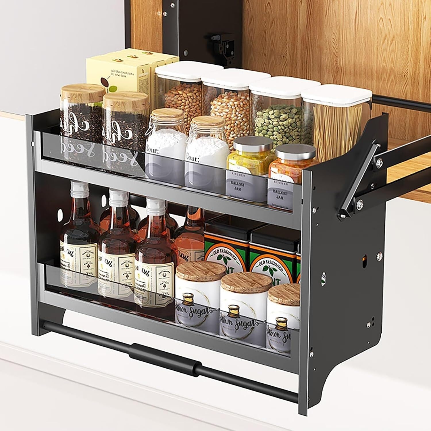 OLSKFUH Pull Down Shelf 2 Tier Upper Kitchen Wall Cabinet Sliding Spice Rack Organiser For Plates And Bowls,22.1