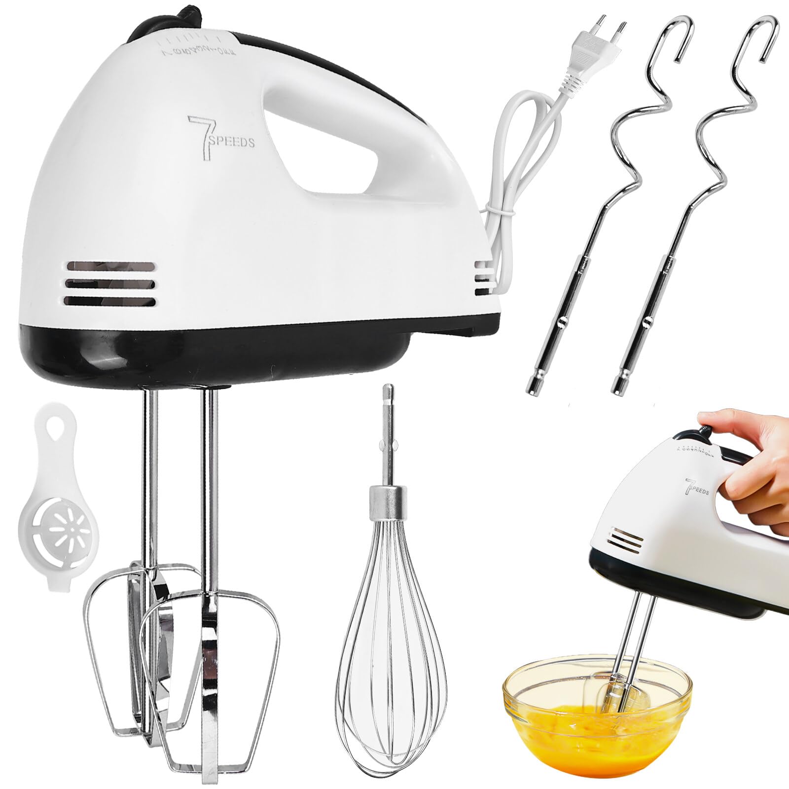 Batidora eléctrica de mano: batidora de mano de 7 niveles con mango ergonómico, batidor eléctrico con 2 varillas y 2 ganchos para amasar de acero inoxidable, 1 batidor y 1 separador de huevos, apto