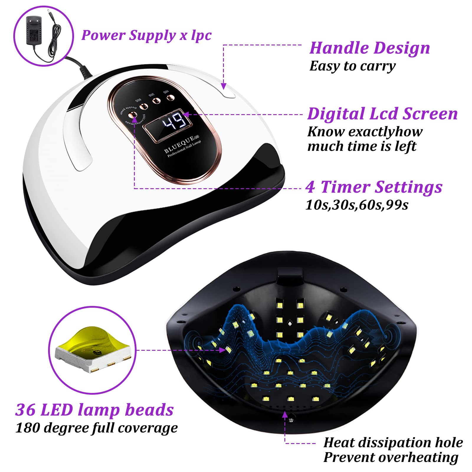 168W Lampada per Unghie,Fornetto Unghie con 4 Timer(10/30/60/99s),Sensore Intelligente,Piastra Base Portatile e Rimovibile,Lampada Unghie UV LED con 10 Tipi di Accessori,Lampada UV LED