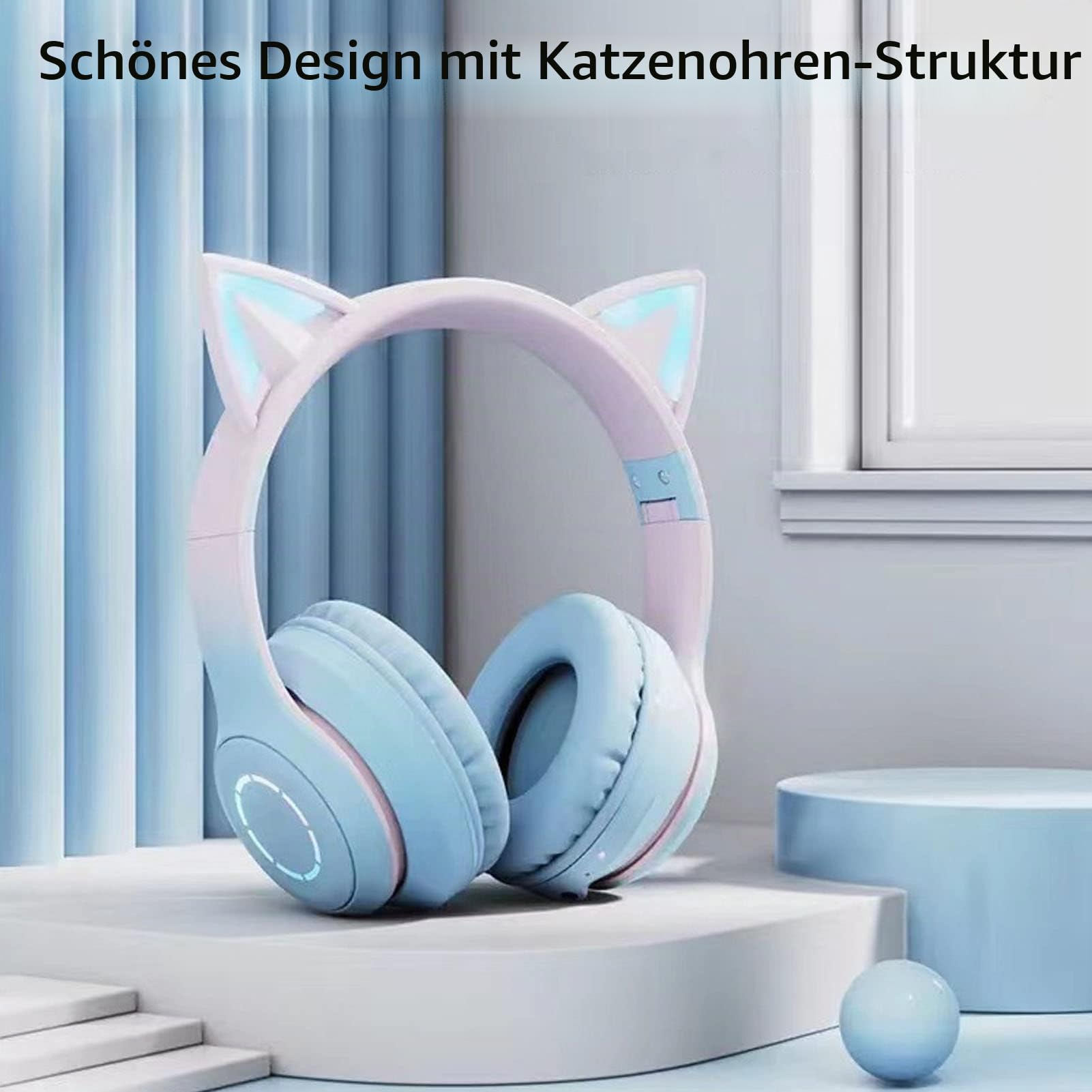 Annadue Gaming Kopfhörer mit Mikrofon, Bluetooth Katzenohr Kopfhörer Kabelloser Kopfhörer mit 3,5mm Aux Kabel, 7 Farben LED Lichter und 4 LED Lichtmodi (Blau)