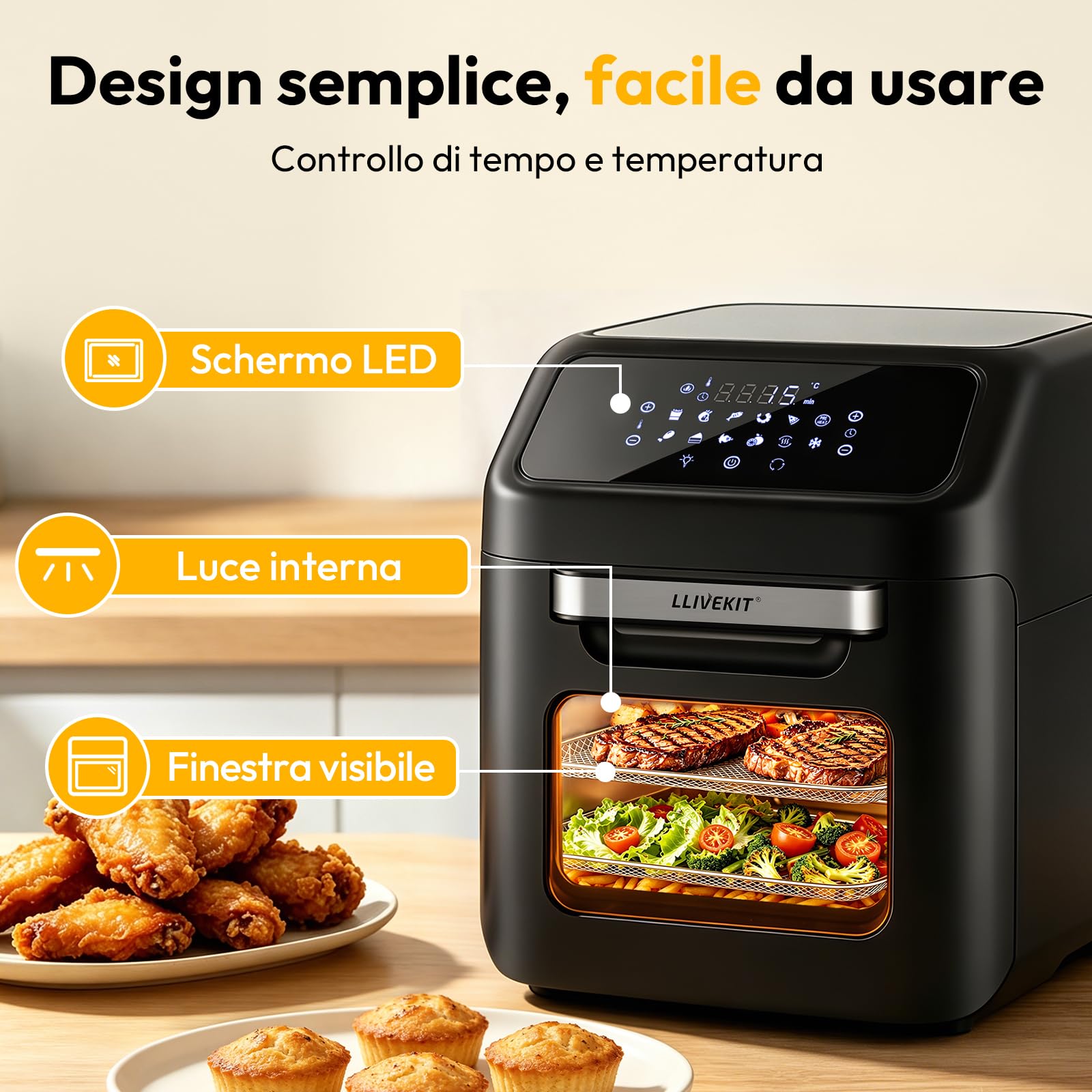LLIVEKIT Friggitrice ad Aria 12L per Famiglia 3-6 Persone, Forno ad Aria Calda 12 in 1 con Touch Screen LED, Friggere Senza Olio da 1800W, Griglia, 7 Accessori e Ricettario, Cottura Senza Olio