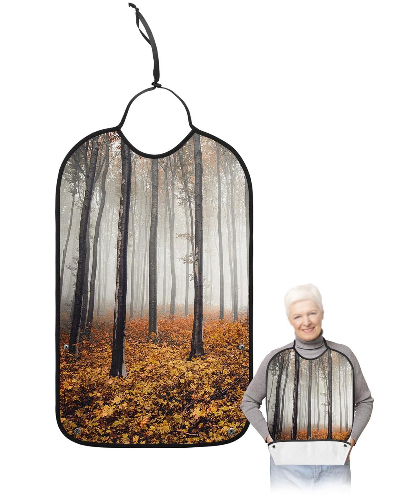 Yellow Forest Adult Bibs for Eating, Waterproof Bibs with Food Catcher & Adjustable Snap Closure, Fall Maple Leaf Natural Landscape Washable Clothing Protectors Adult Bibs for Elderly Women/Men