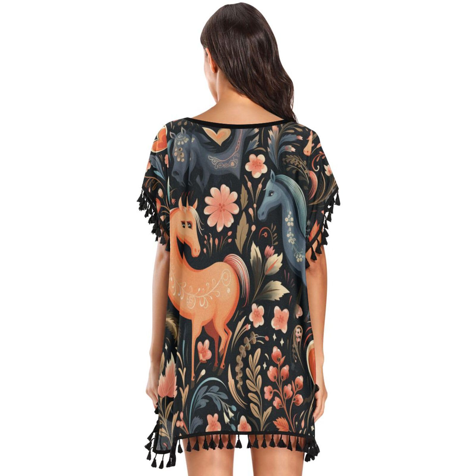 KAAVIYO Cartoon Pattern Cute Horses Women's Beach Cover Up Chiffon Tassel Swimwear Swimsuit Coverups for Girl