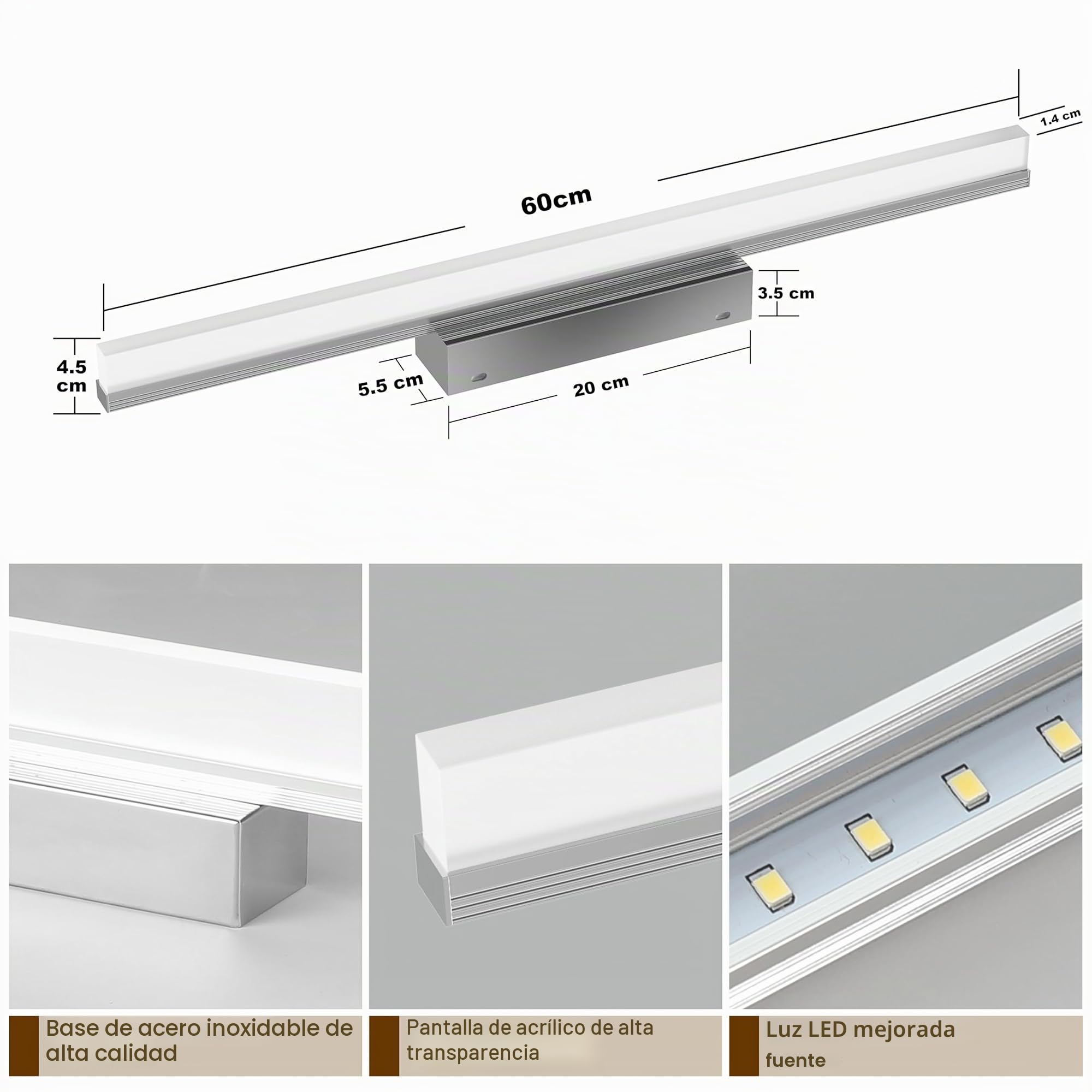 Led Aplique Espejo Baño, 60CM Luz Espejo Baño IP44 Dimmable 3000K-6000K Pared Luz, 10W Lampara Apliques de Para de Impermeable Plata