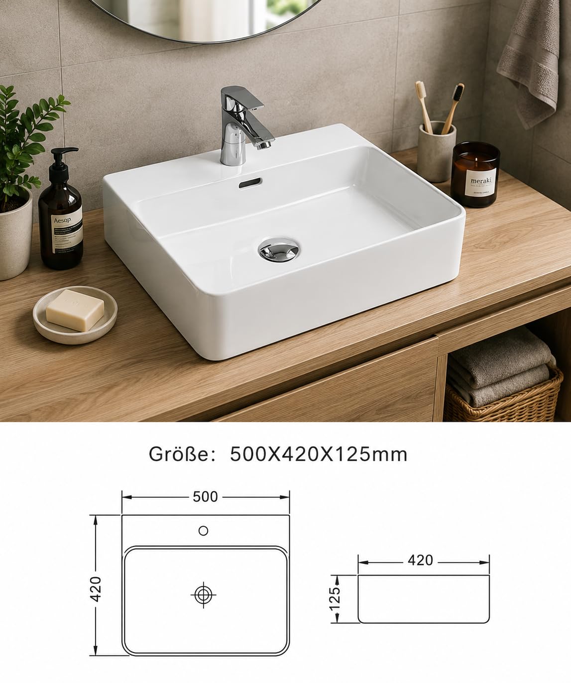 Lavabo carré en céramique de qualité supérieure moderne et élégant grâce au bord fin 50 x 42 cm - Lavabo suspendu au mur