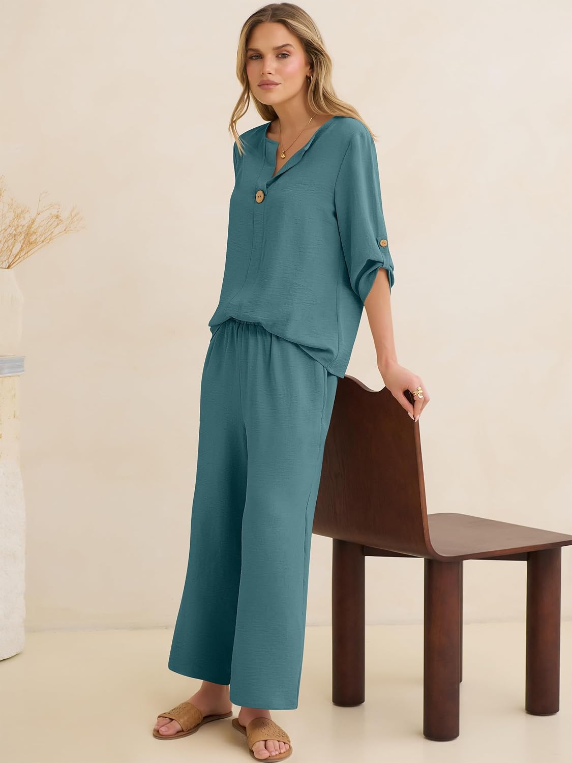 ANRABESS Womens Summer 2 Piece Lounge Sets 3/4 Sleeve V Neck Top Wide Leg Palazzo Pants Set 2026 Beach Travel Outfits