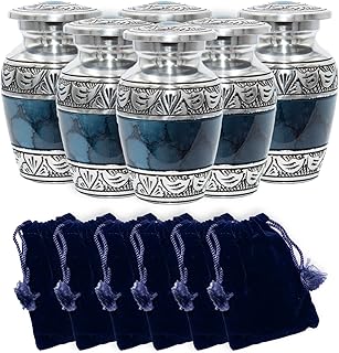 Cremation Urn, Keepsake Urns, Blue and Silver Finish, Set of 6 with Velvet Bags