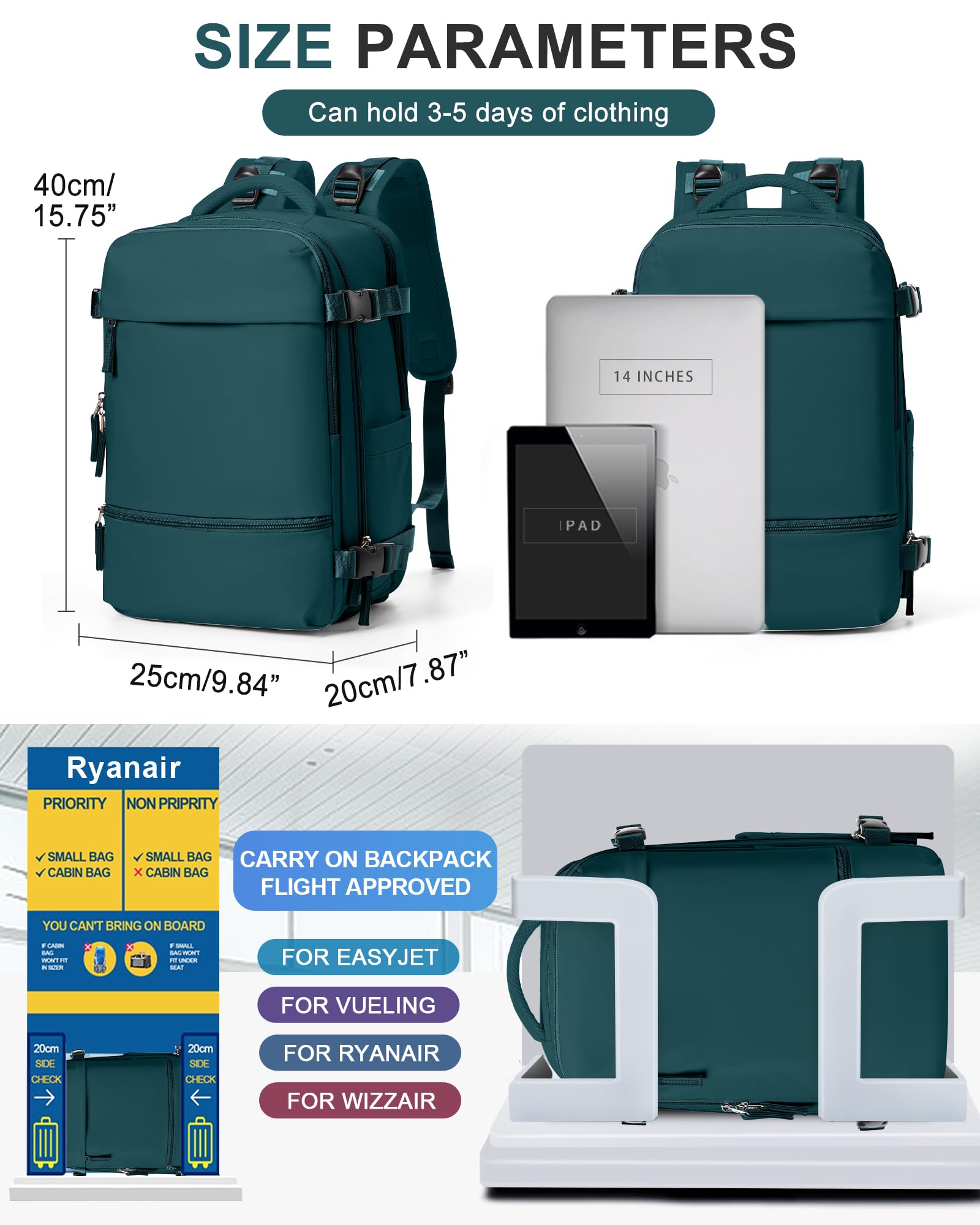BJLFS Borse da Cabina per Ryanair 40x30x20 Zaino Wizzair Sottovuoto da viaggio 40x20x25 Bagaglio a Mano con compressione sottovuoto,Zaino Easyjet 45x36x20,Zaini Casual per laptop da 14 pollici