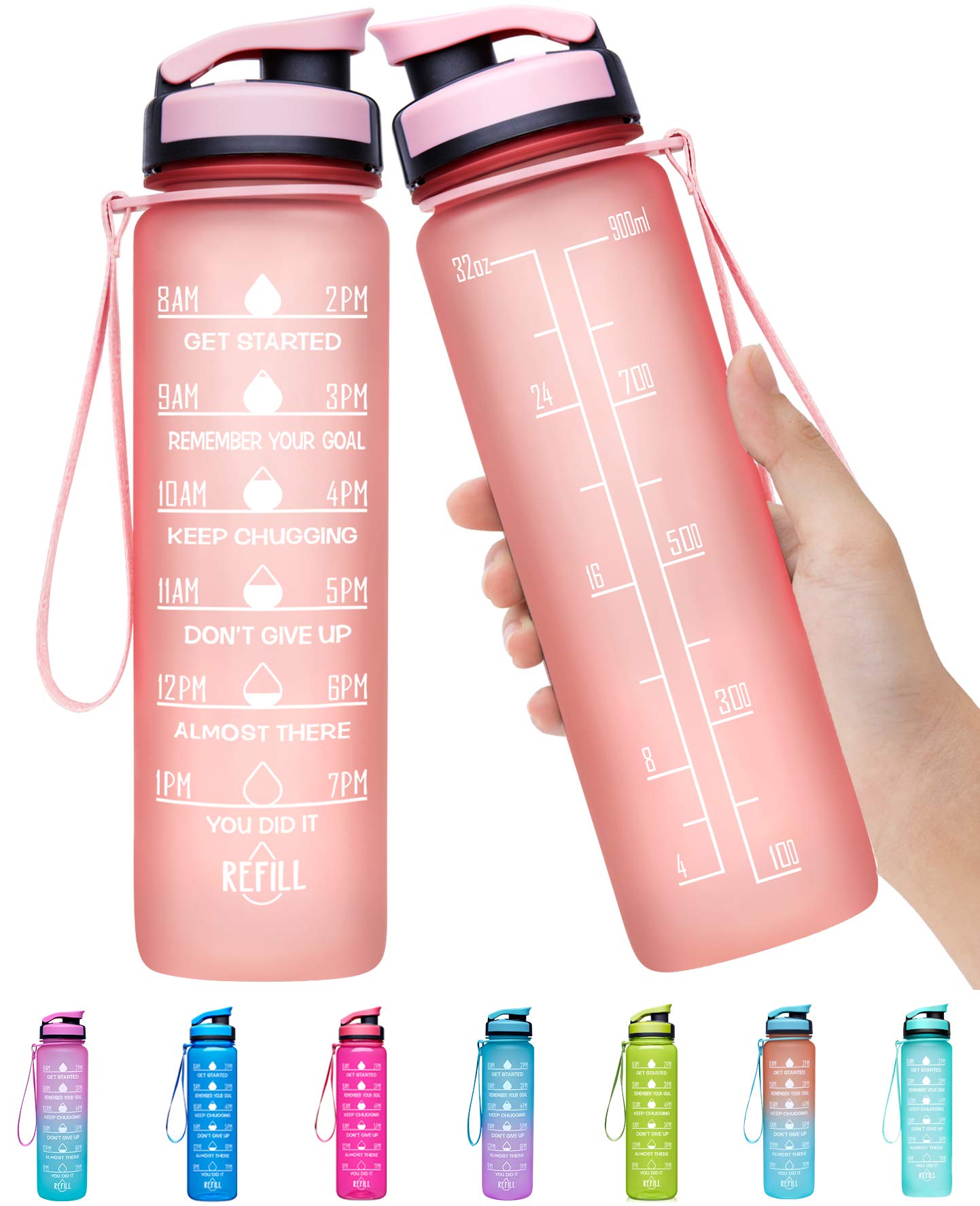 Elvira 32oz Large Water Bottle with Motivational Time Marker & Removable Strainer,Fast Flow BPA Free Non-Toxic for Fitness, Gym and Outdoor Sports-Light Pink