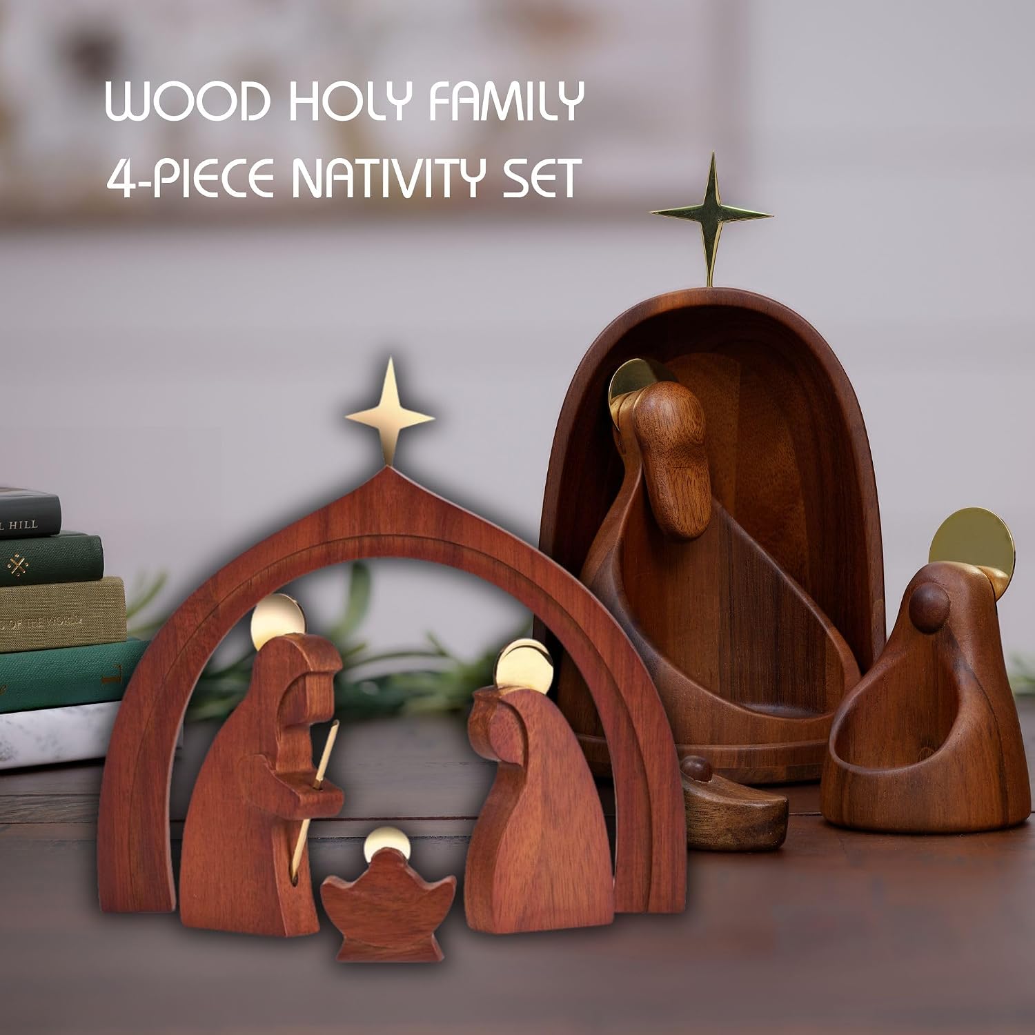 Nambé Nativity Collection Holy Family Set - Rich Acacia Wood & Gold Accents, Celebrate Christmas Traditions with Designer Figurines, Religious Décor Crèche - 4-Piece Seasonal Display