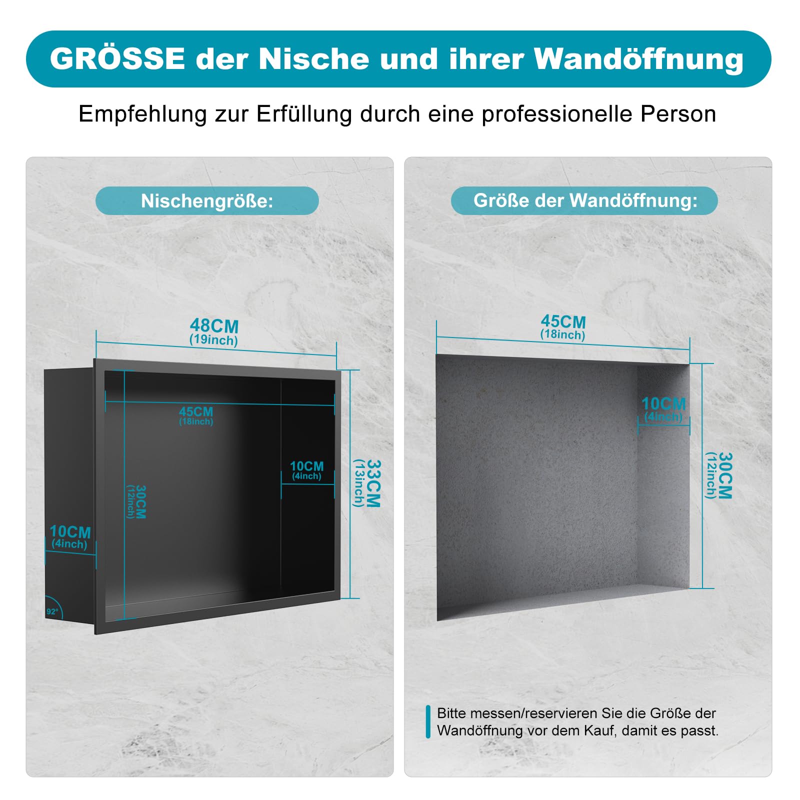 Duschnische Edelstahl 45x30x10 cm, Nano Graphite | Ohne Bohren · Für Badezimmer · Überputzmontage · Rostfrei · Einzelregal · Einfache Wandmontage