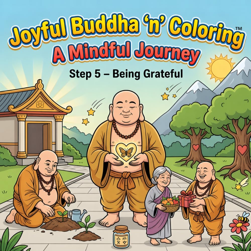 Joyful Buddha ‘n’ Coloring A Mindful Journey Step 5 – Being Grateful: A Mindfulness Coloring Book for Adults Featuring Inspirational Quotes, ... Designs, and Peaceful Buddhist Inspired Art