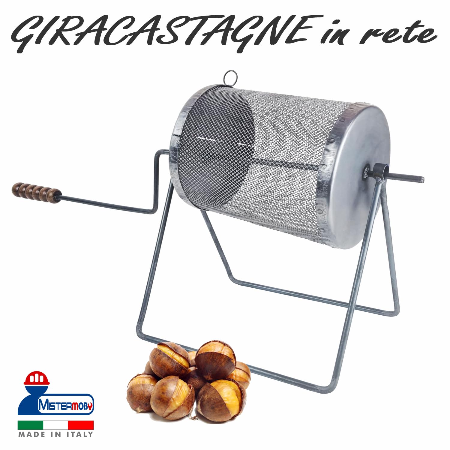 MISTERMOBY Padella per Castagne CALDARROSTE Rotante Girevole BARILOTTO cestello Castagne con Manico in Legno per Camino, Barbecue e Bruciatori a Gas