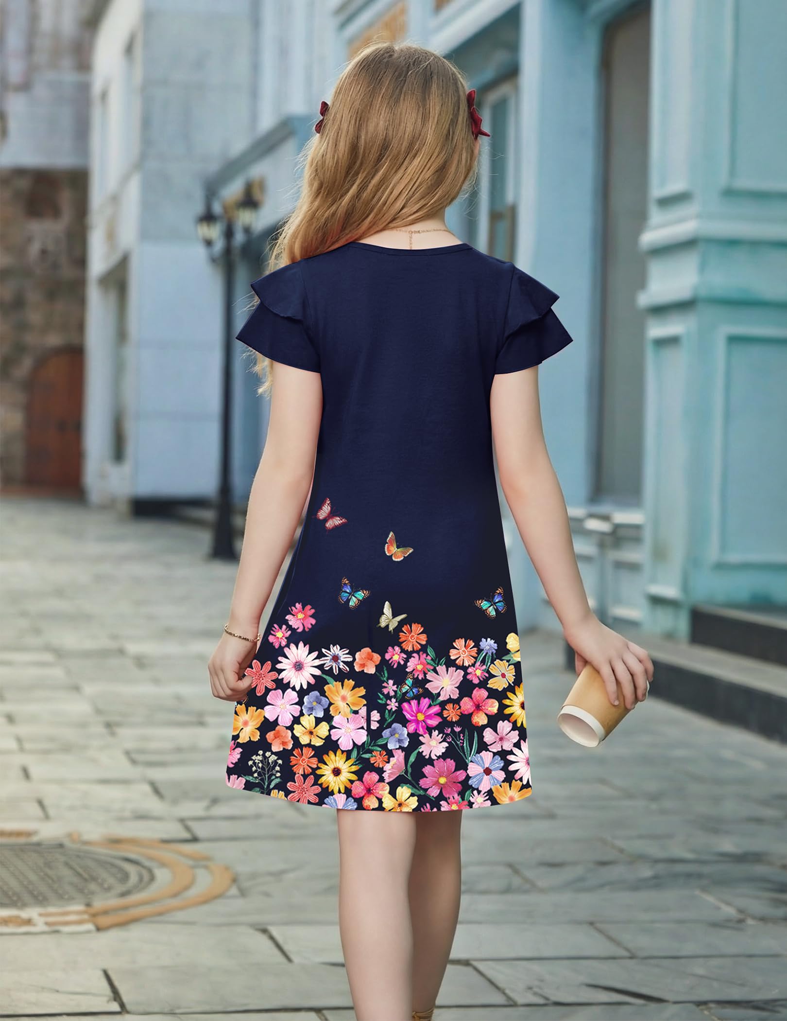 Arshiner Vestido de Verano para niña Plisado Mangas onduladas Manga Corta Tallas 6-14 años
