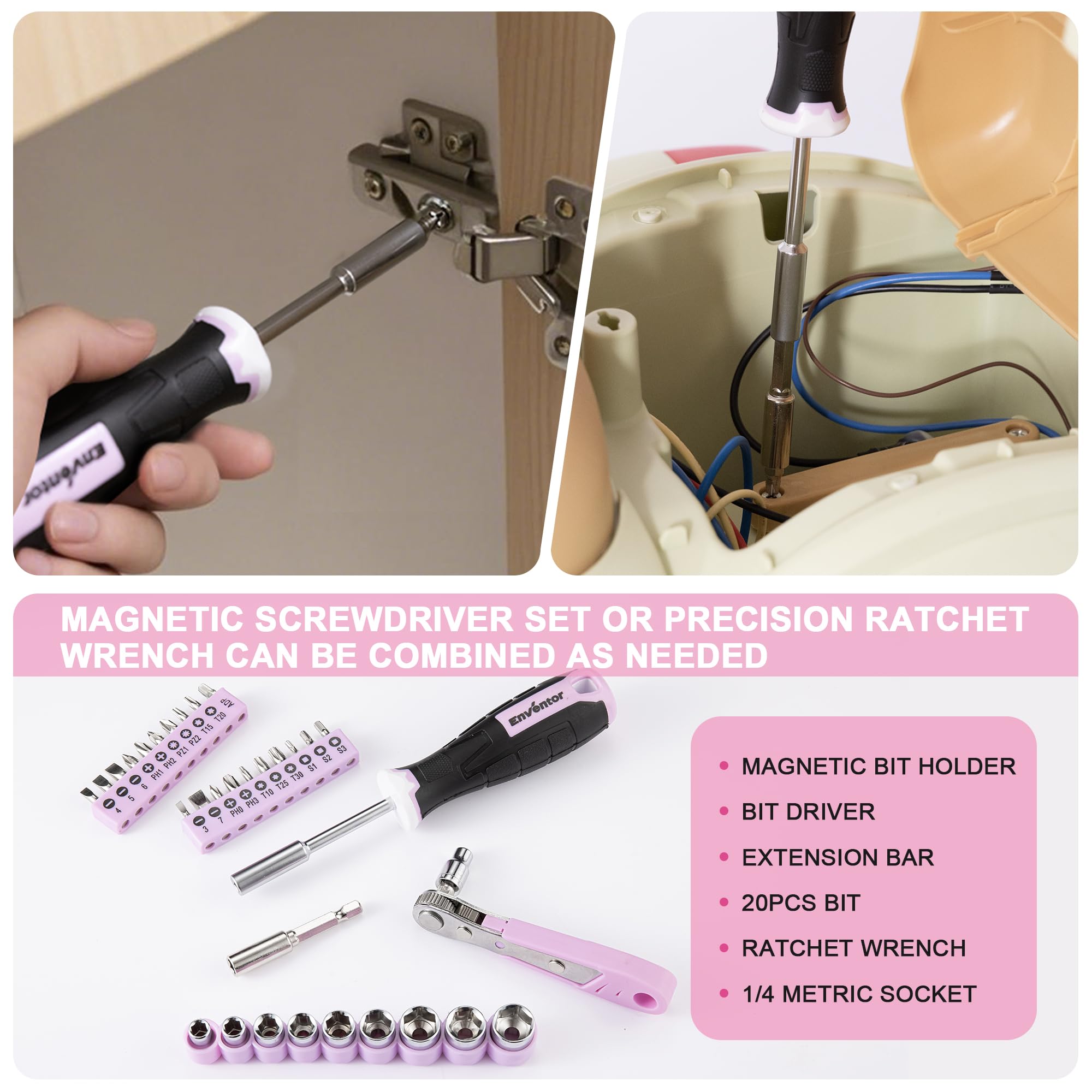 Enventor Pink Tool Kit Set for Women 108PCS General Household Hand Tool Kit with Storage Toolbox, Ladies Small Tool Kits for Home - Image 4
