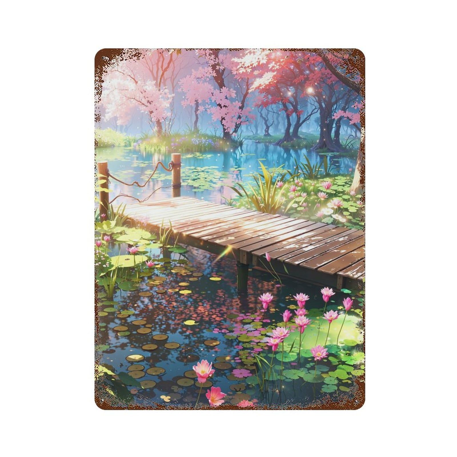 Vintage Rust Metal Sign Peaceful Pond 15.7"x11.8", Decorative Metal Wall Art for Basement, Hobby Room And Garage Decor