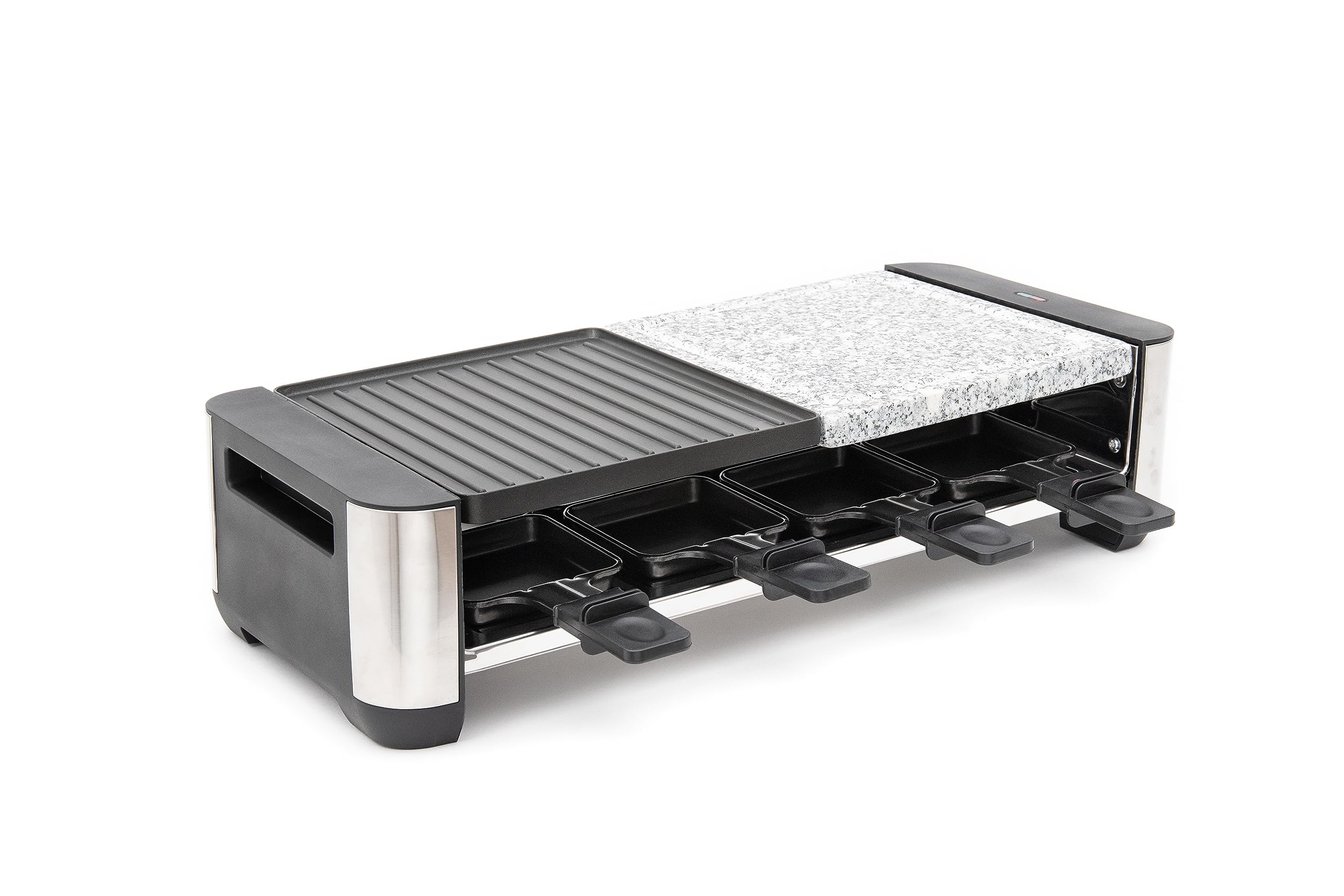 FRITEL RSG 3280 Grill en pierre à raclette - Plaque de cuisson 2 en 1 - Fonction barbecue en pierre et raclette - Plaque de cuisson réversible - 8 poêlons et spatules - 2 à 8 personnes