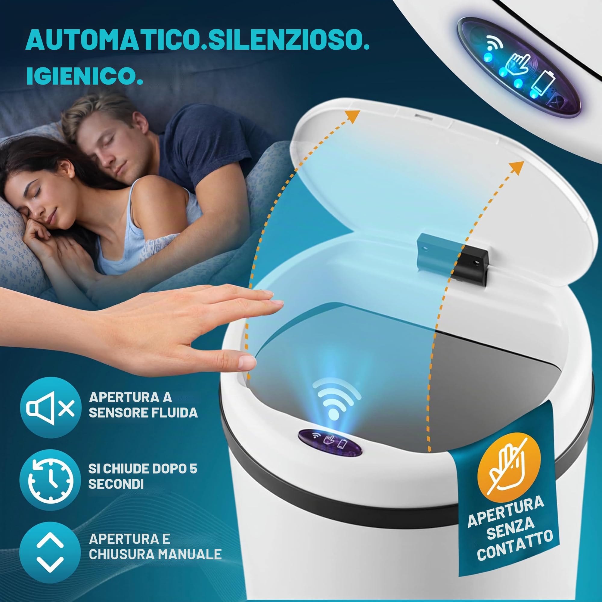 Monzana® Cestino a Sensore incl. Cavo di Ricarica Acciaio Inox Display LED Touchless Pattumiera Smart Raccolta Differenziata | Pattumiera intelligente da 50 l, con sensore, senza contatto, riciclabile, in acciaio inox, cavo USB, vano batteria protetto