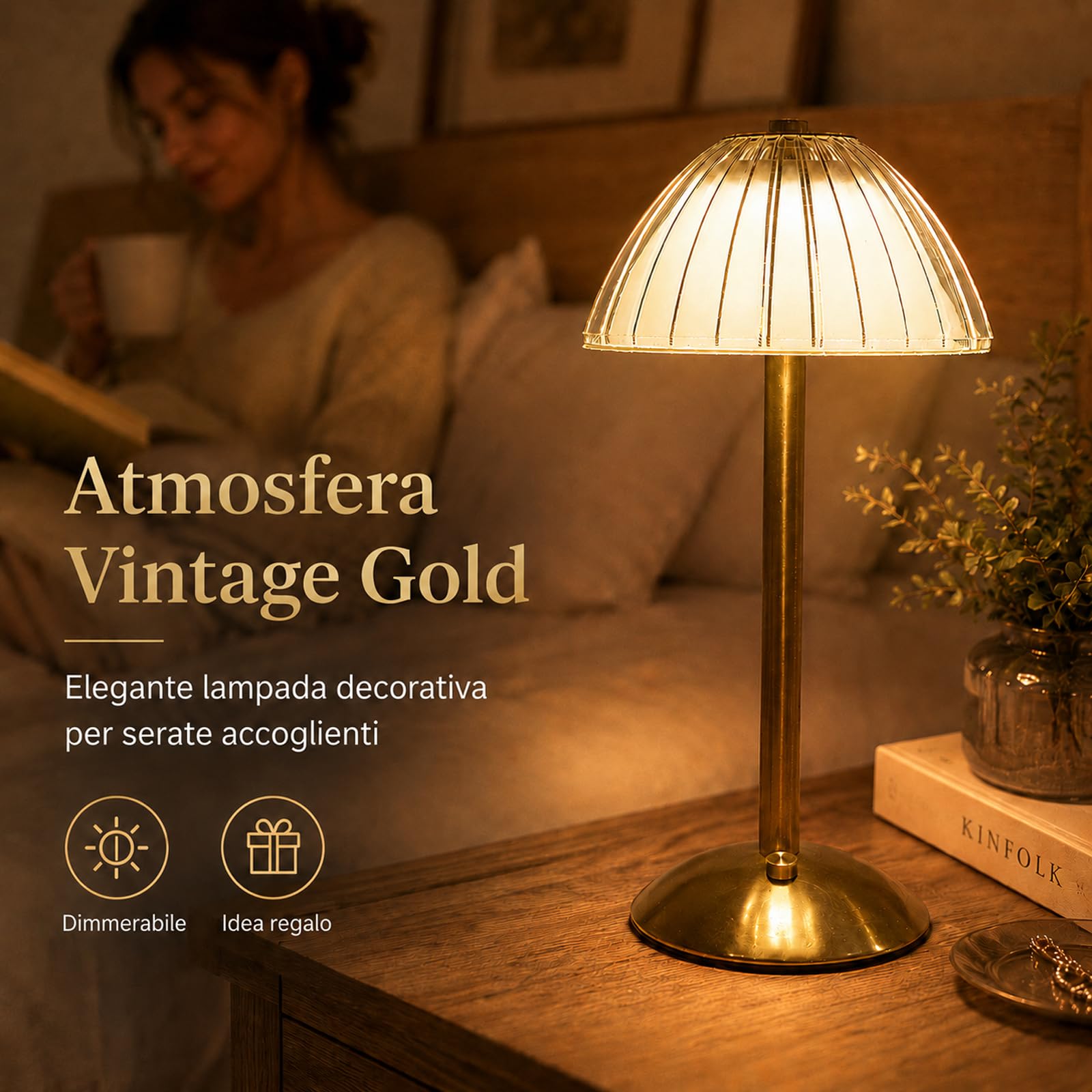 LANMOU Lampada Senza Fili da Tavolo, Dimmerabile, 14 Ore, Oro