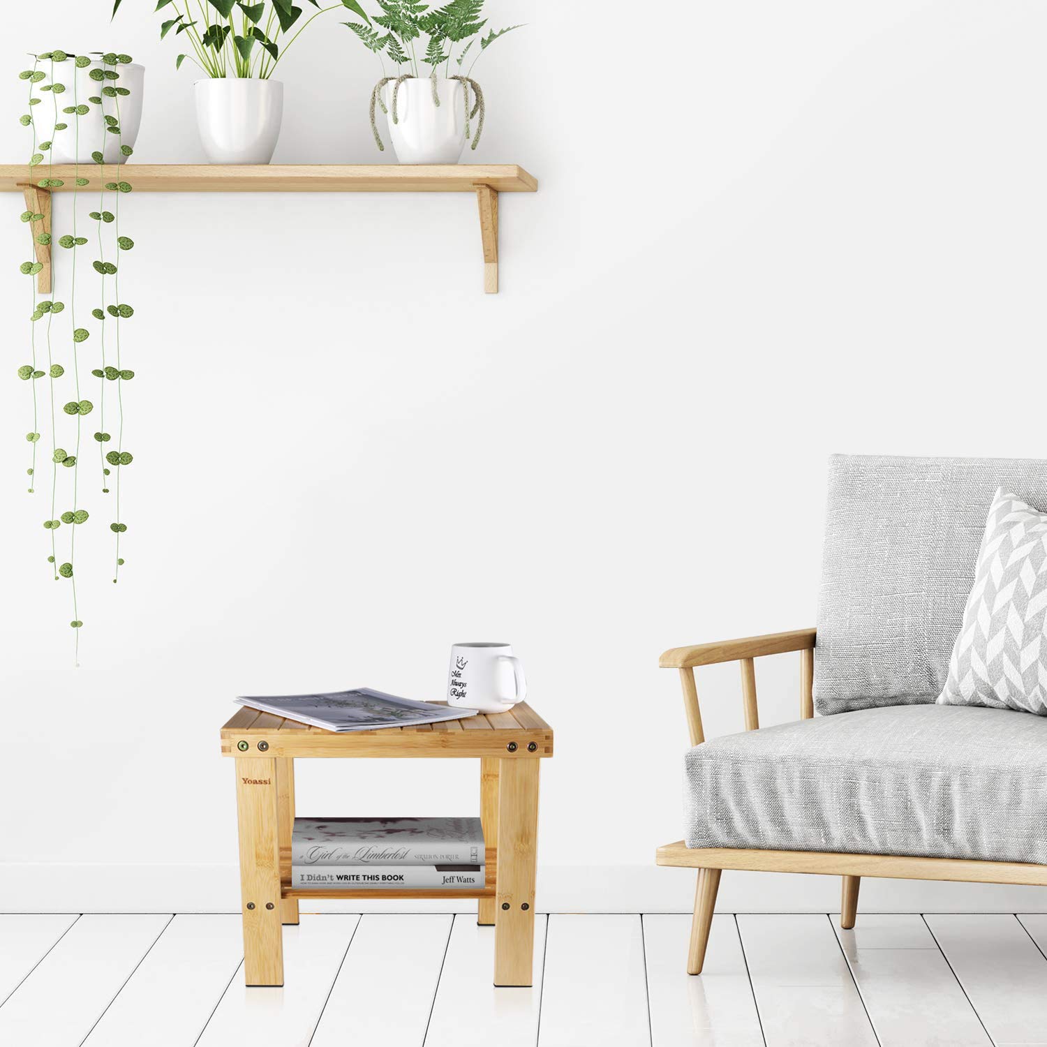 Yoassi - Taburete bajo de bambú Natural con Estante de Almacenamiento para niños y Adultos,31 * 24 * 34cm, Banqueta Multifuncional
