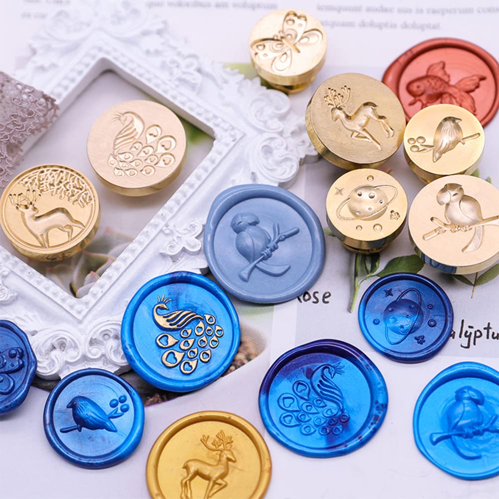 3D Embossed Retro Brass Wax Seal Stamp Head with Wooden Handle, Sealing Kit for Wedding Letter Invitation Sealing DIY Envelope Embellishment, Greeting Card, Gift Packaging, 20-30mm