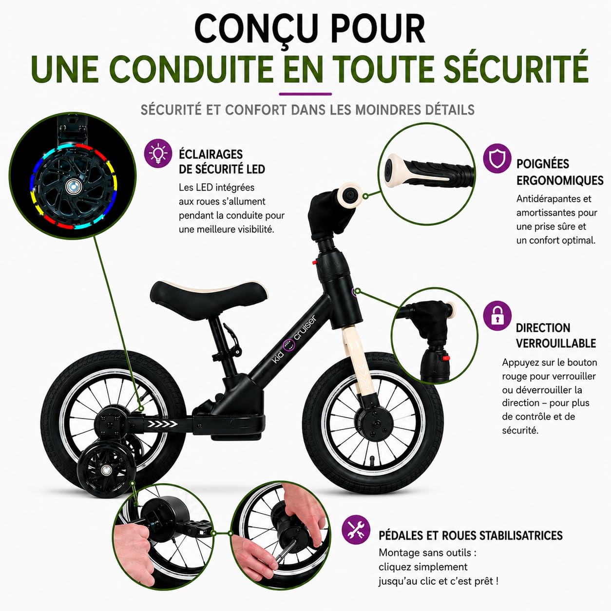 Kidcruiser Pedalplay Draisienne evolutive, Velo Enfants 2 Ans, Design 3 en 1, Javec des roulettes latérales et des pédales à LED, Cadre Robuste