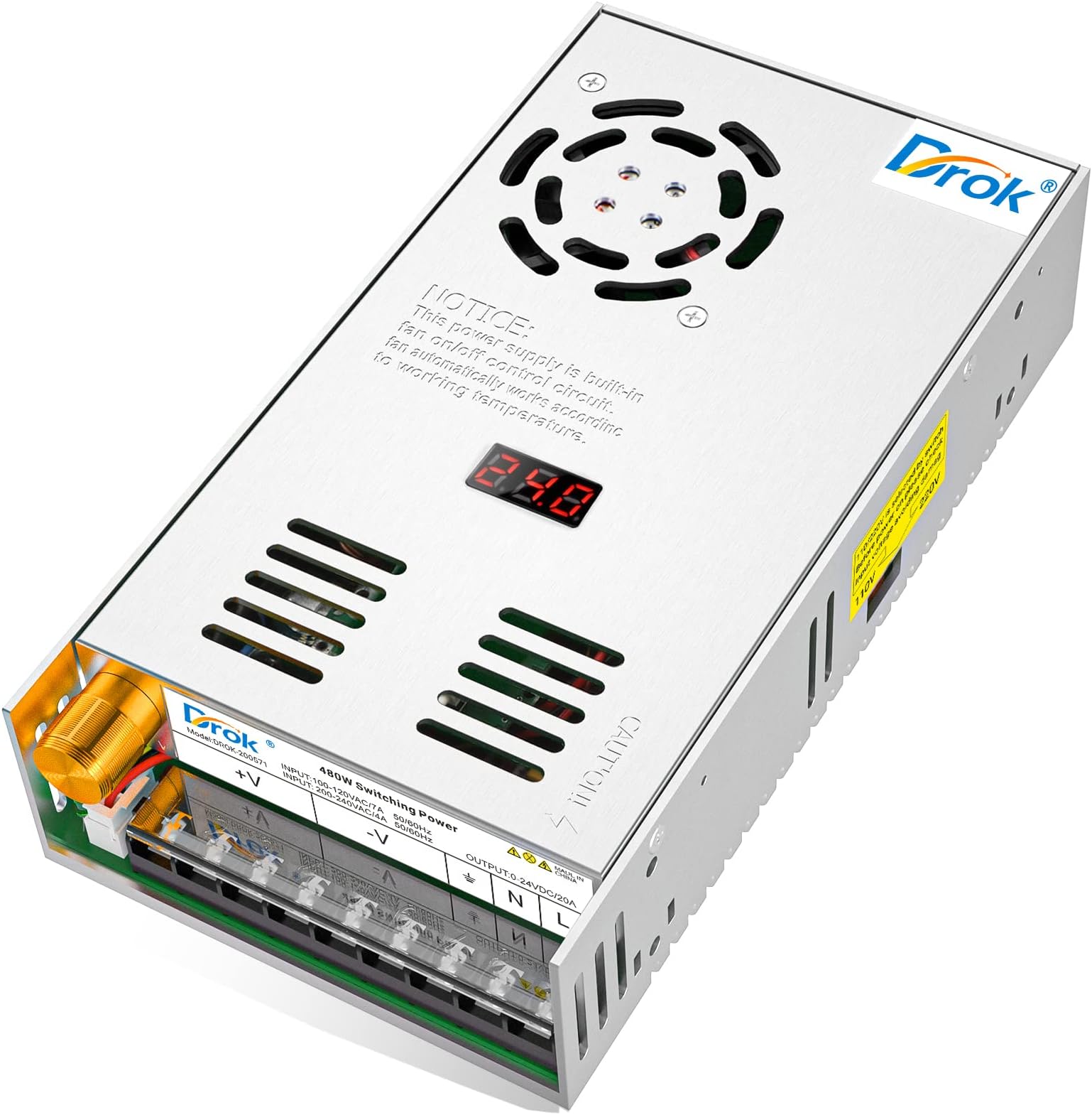 DROK 24V Power Supply, AC 110V/220V to DC 0-24V 20A 480W Buck Converter, Variable Adjustable Adapter Regulated 5V 12V 24V Volt Switching Voltage LED Transformer 20A Amp Charger for Computer Lab