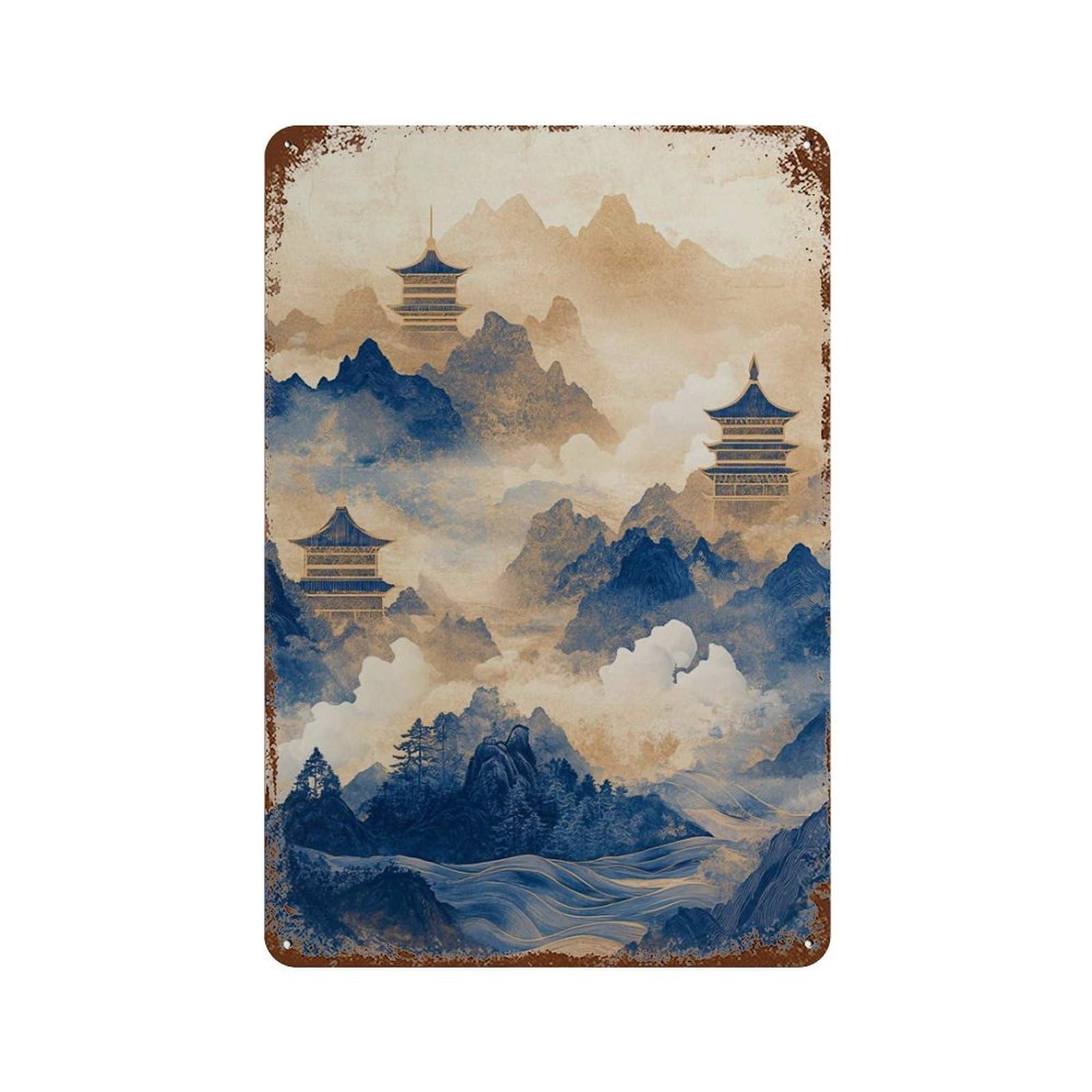 xiaoxiaoshen Blue Pagoda Mountain Misty Asian Landscape Traditional Oriental Wall Decor Art Metal Tin Poster Modern Home Decor Art Home Bar Shop Decorations Vintage Sign 30x20cm