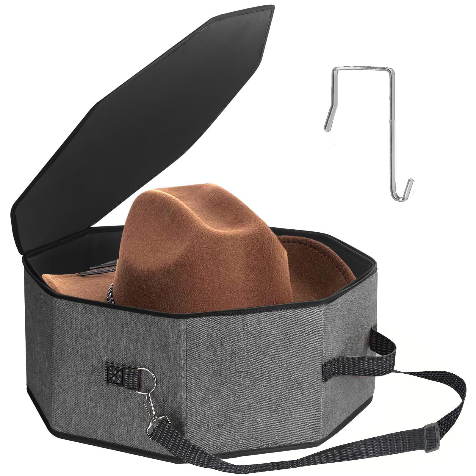 Moedweuo Grey Portable Hat Storage Box With Lid, Travel Cap Organiser Case