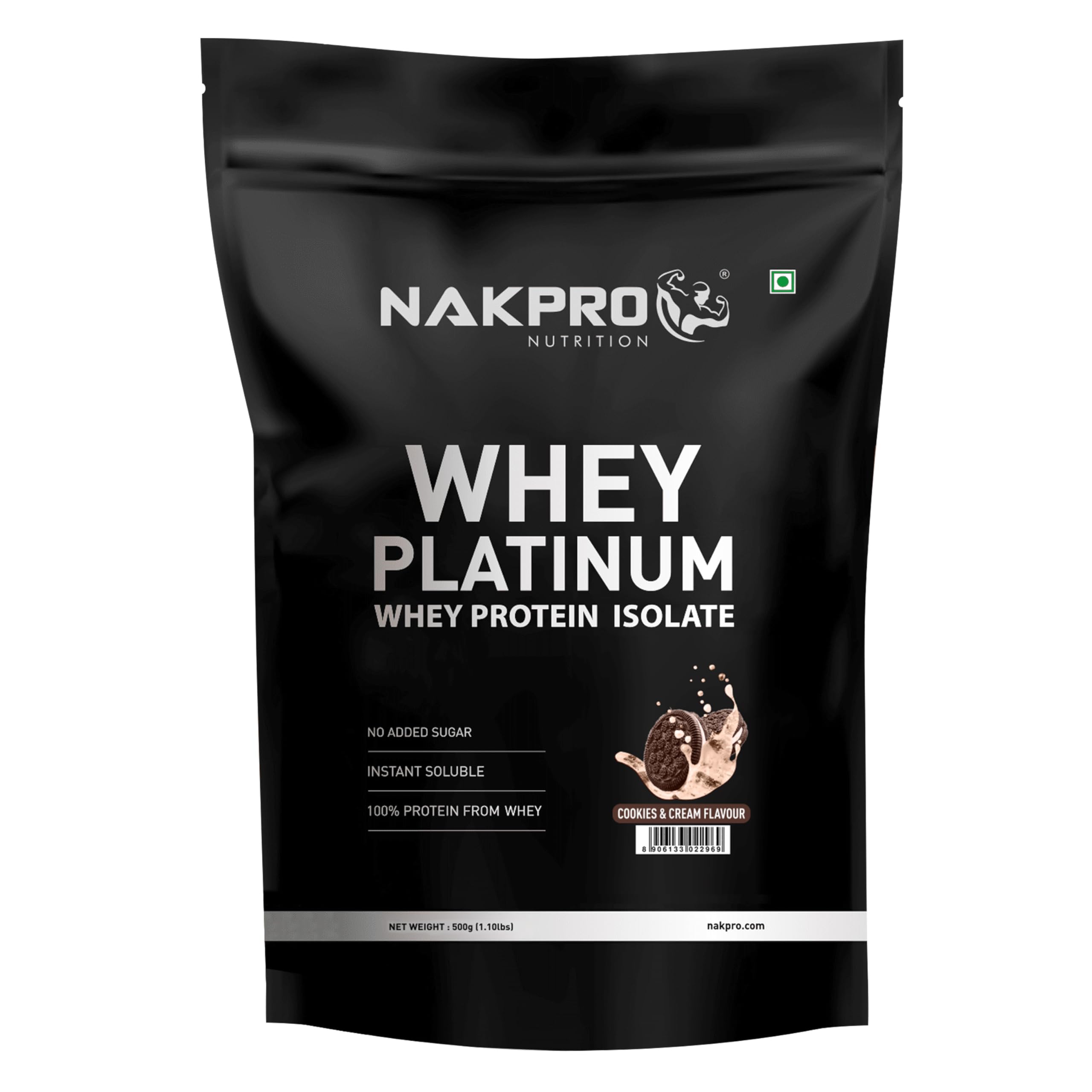 NAKPROPlatinum Whey Protein Isolate 500g Cookies & Cream | 28g Protein, 6.4g BCAA | Trustified Certified 100% Authentic Supplement Powder & No Adulteration | Low Carbs, Fast Absorbing Whey Protein P