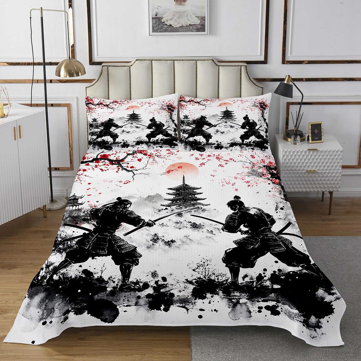 Homemissing Juego de colcha samurai japonesa, tamaño individual, diseño de flores de cerezo, para niños y niñas, decoración de flores de Sakura, colcha acolchada estilo japonés