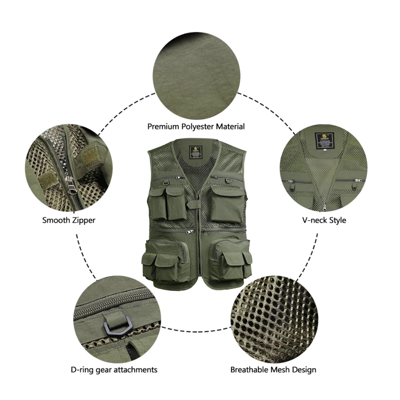 Chaleco de pesca para hombre para exteriores, con cremallera de malla