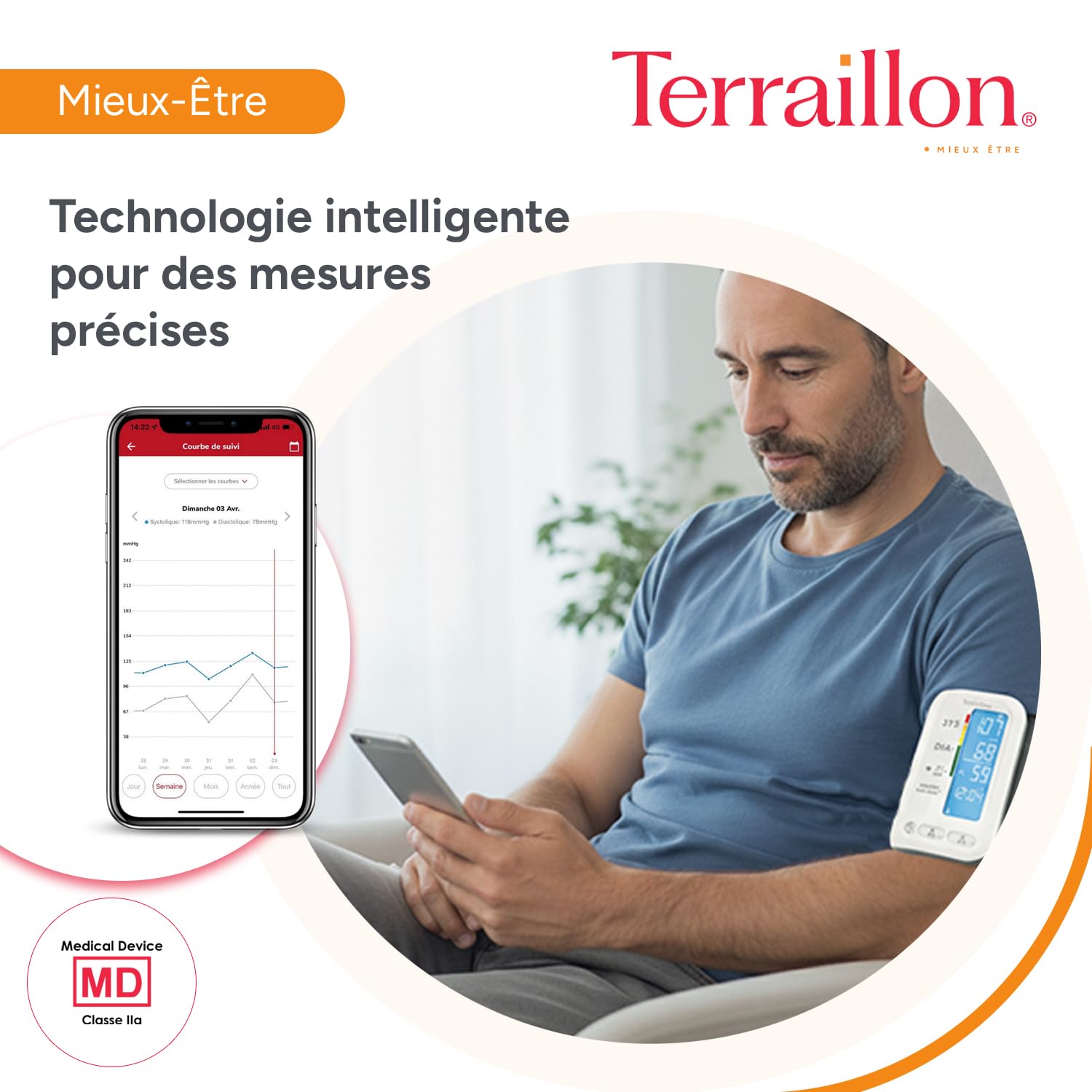 TERRAILLON – TENSIO SMART, Tensiomètre Bras Connecté, Bluetooth, Tension Artérielle, Rythme Cardiaque, Indicateurs couleur, 2 profils, 60 Mémoires, Dim. brassard 22-32cm, Blanc