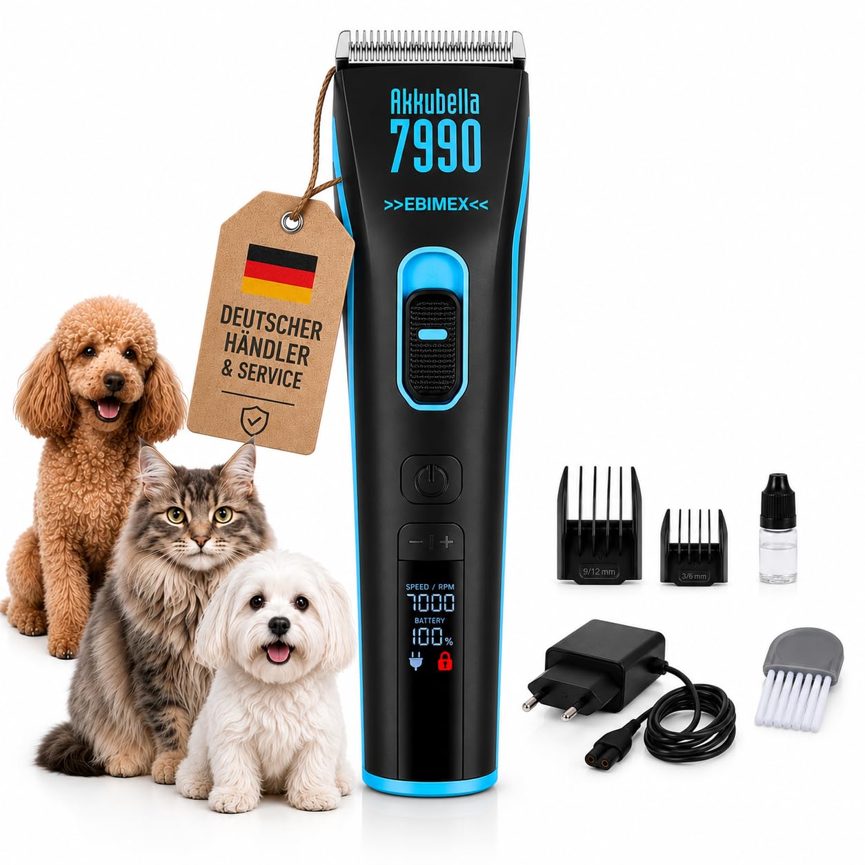 Hundeschermaschine Profi für Hunde & Katzen – FURLO Akkubella 7990 Tierhaarschneidemaschine für dichtes, lockiges & langes Fell – Leiser Hundetrimmer mit 8h Akku, Hybridbetrieb, Keramik Scherkopf