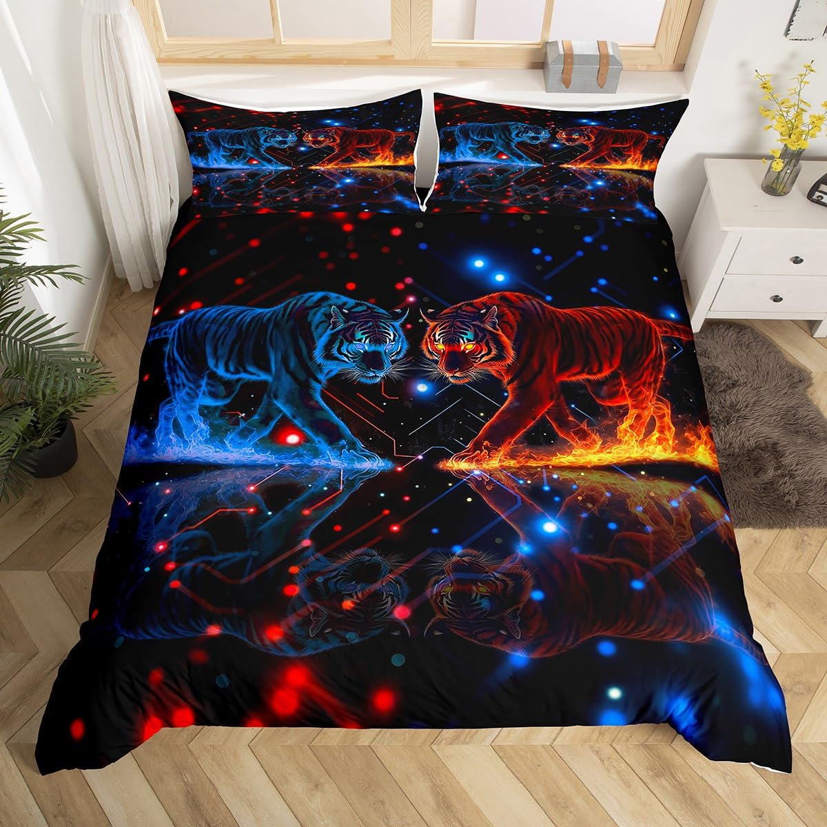 Homemissing Kids Tiger Duvet Cover Set King Size For Boys Teens Red and Blue Tiger Bedding Set 3D Wild Animal Duvet Cover with 2 Pillowcases