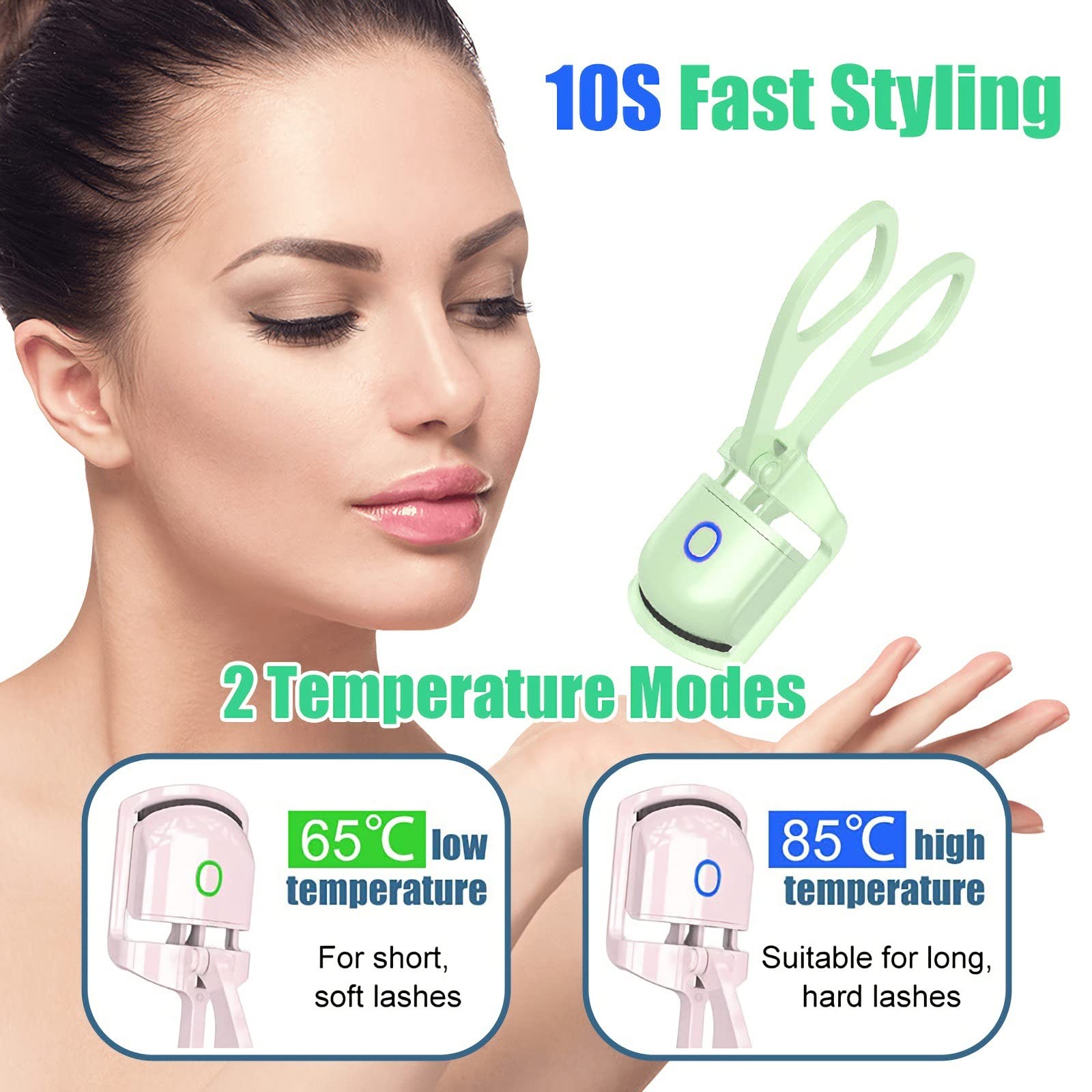 DOPI Rizador de pestañas eléctrico, 2 modos de calentamiento, rizador de pestañas calentado con precalentamiento rápido para todas las formas de ojos, regalo ideal para mujeres y novias (verde)
