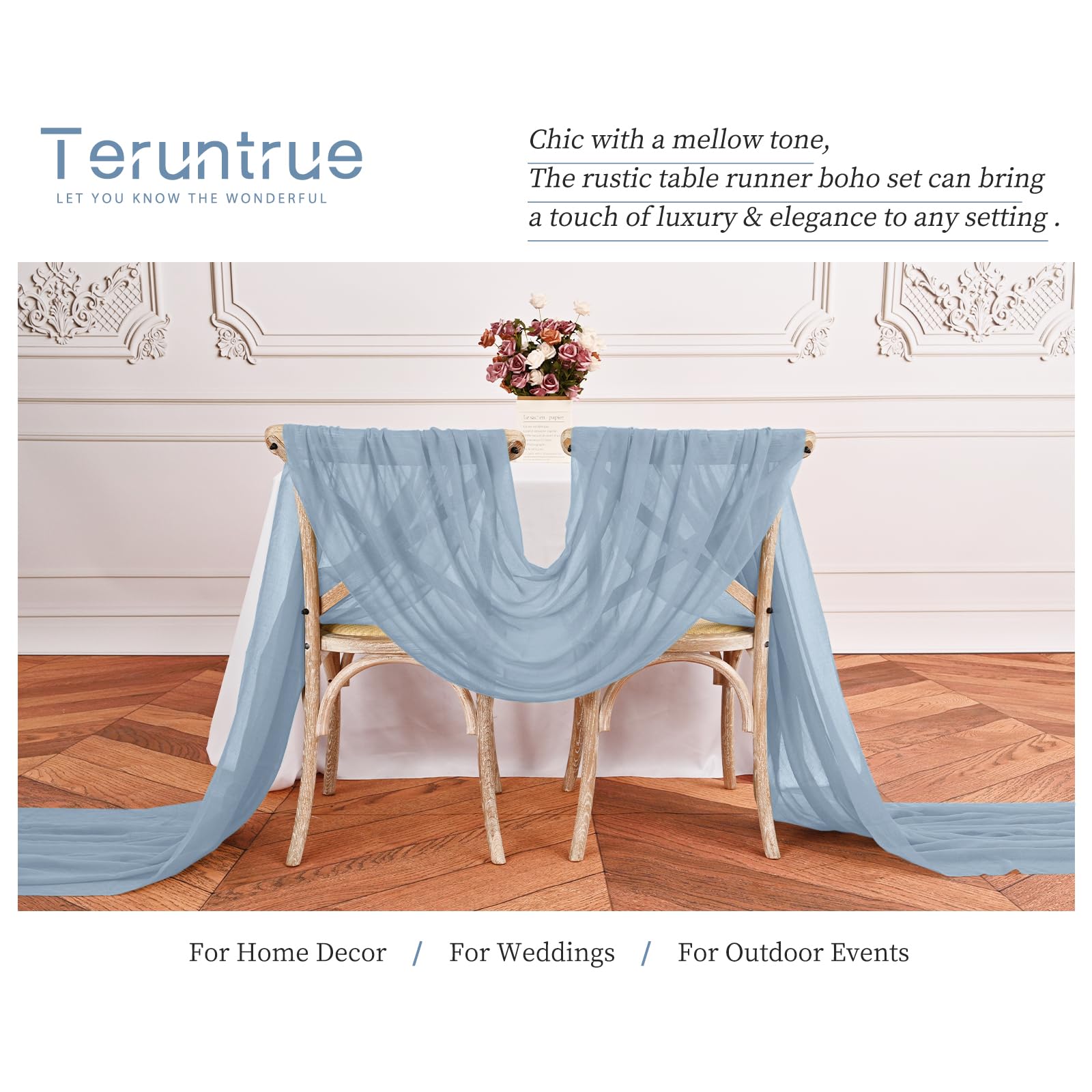 24 caminos de mesa de gasa azul polvoriento, 10 pies, gasa rústica, bohemio, decoración de mesa de boda, camino de mesa transparente para boda, fiesta, despedida de soltera