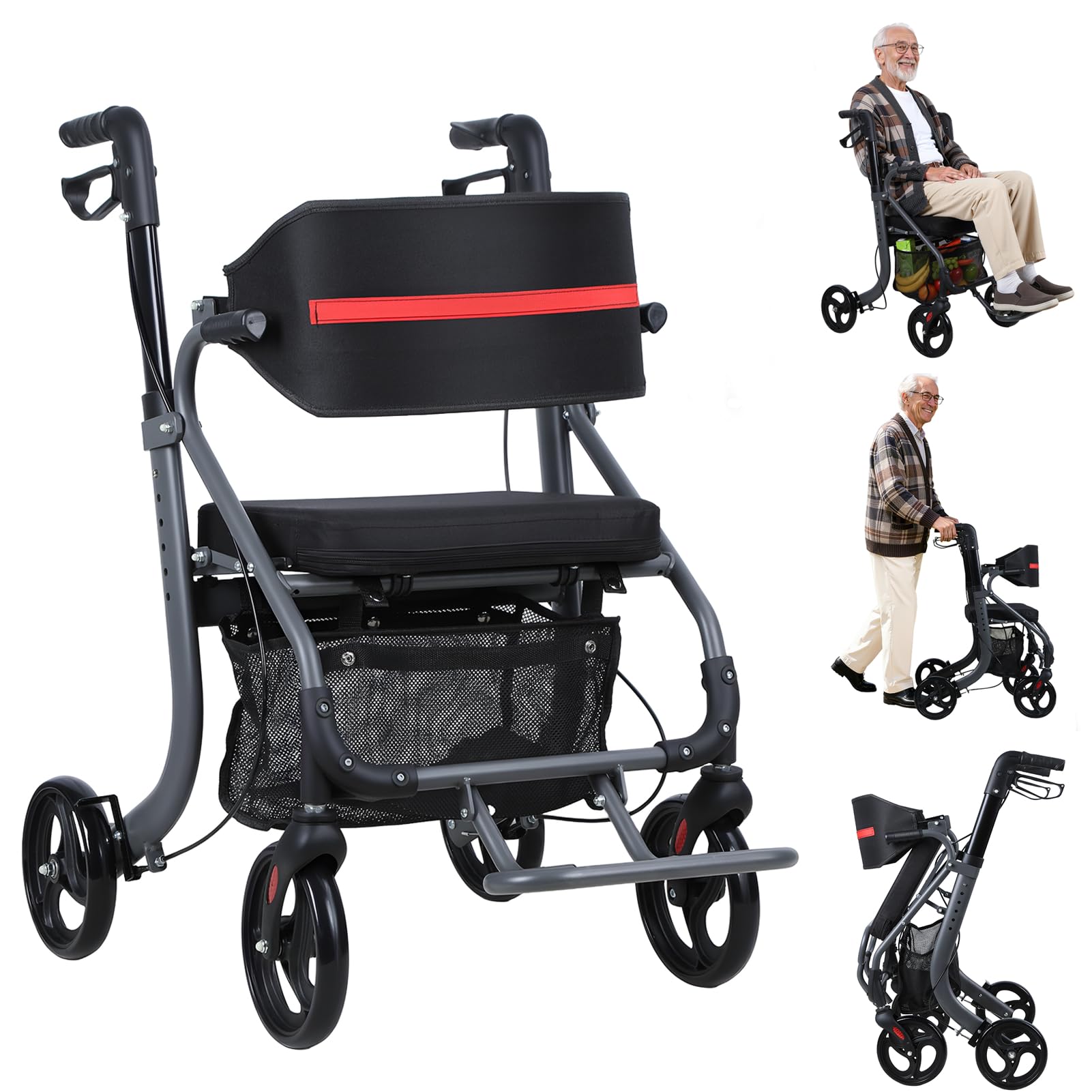 Deambulador rollator senior, andador de 4 ruedas plegable con asiento, ayuda a caminar adulto de aluminio ligero, rollator todo terreno ruedas 20 cm, altura ajustable, frenos, bolsa de almacenamiento