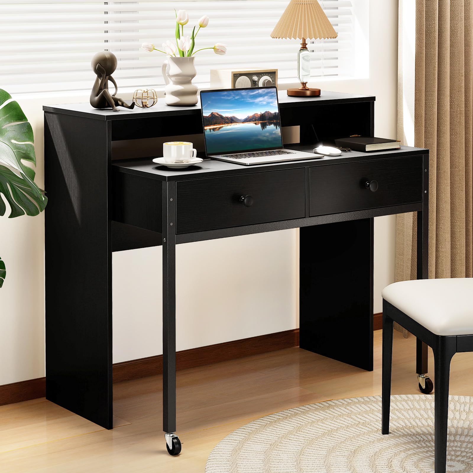 GIANTEX Escritorio de Ordenador con Tablero Extensible, 100 x 63 x 88 cm, 2 Cajones de Almacenamiento y Estante Abierto, Diseño Compacto con Ruedas, Mesa de Trabajo para Dormitorio, Oficina (Negro)