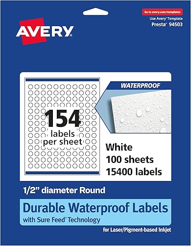 Avery Etiquetas redondas impermeables duraderas con alimentación segura, 0.5 pulgadas de diámetro, 15.400 etiquetas impermeables resistentes al