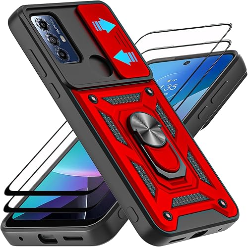 Miniatura 6 de Funda para Moto G Play 2023, con protector de pantalla de vidrio templado [2 piezas] y cubierta de cámara deslizante, soporte de anillo de rotación