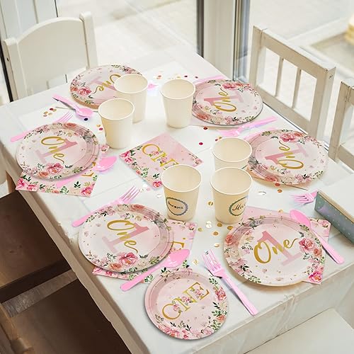 Miniatura 6 de 96 piezas de suministros para fiesta de primer cumpleaños para niñas, platos de un cumpleaños, servilletas, vajilla, primer año, cumpleaños,