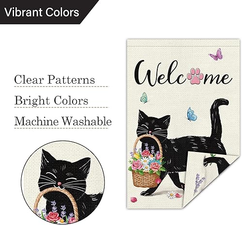 Miniatura 5 de Louise Maelys Bandera de bienvenida de primavera para jardín, 12 x 18 pulgadas, arpillera de doble cara, pequeña vertical con gato negro floral para