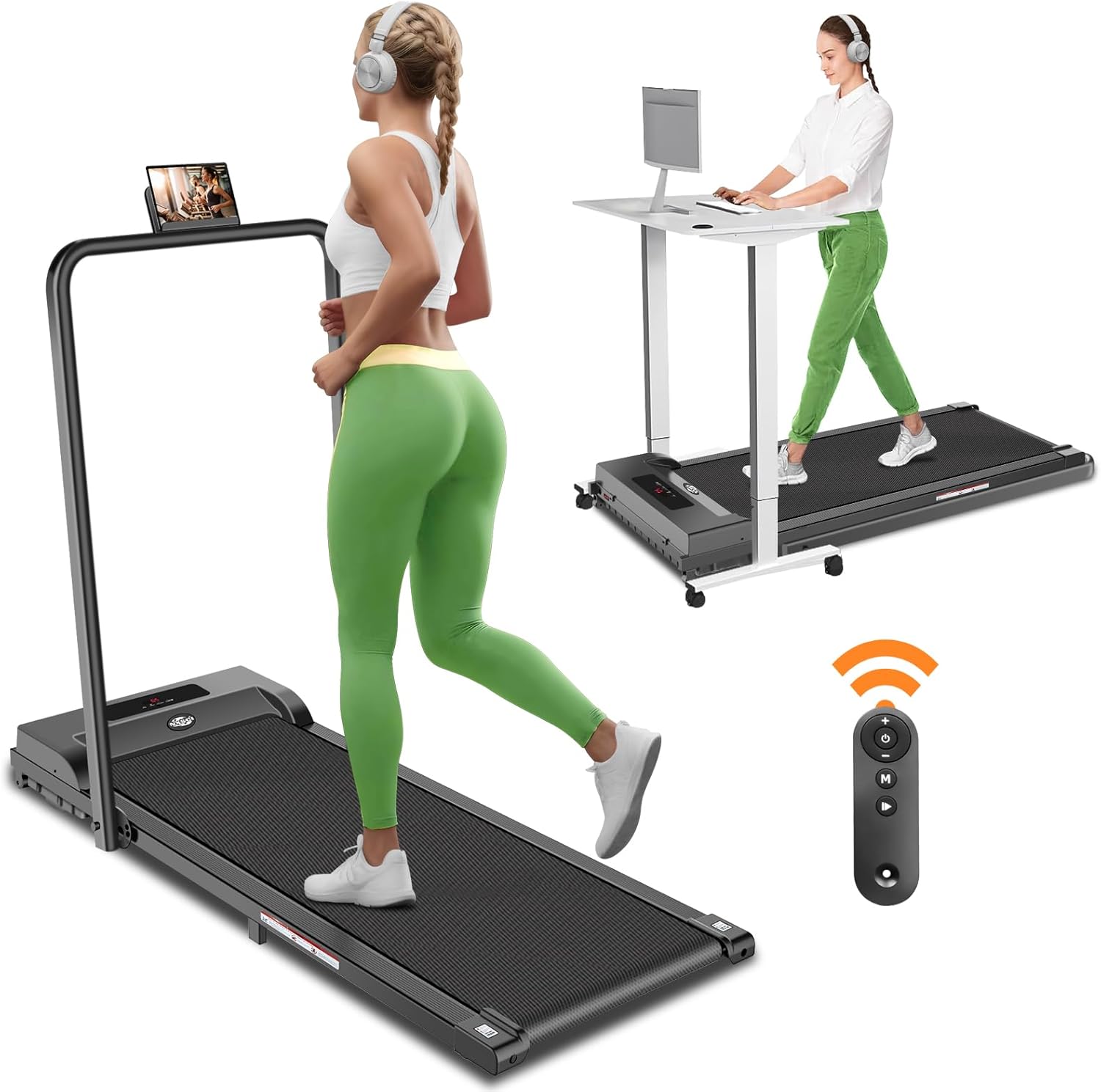 Walking Pad with Handle bar, 2.5HP Portable Electric Treadmills for Home,3 in 1 Under Desk Treadmill with Remote Control,Compact Treadmill for Small Home Space,300LBS Capacity (All Black)