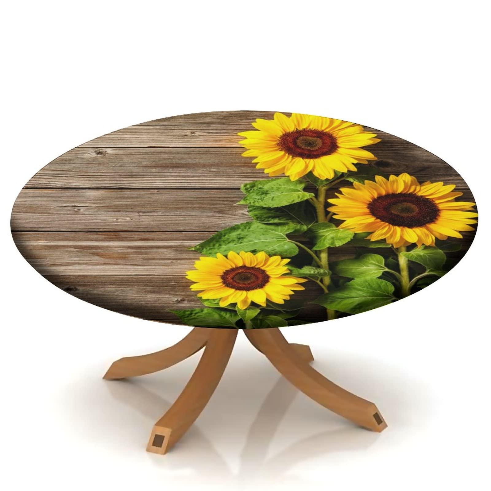 Sunflower Fitted Round Tablecloth, Elastic Edge Waterproof Table Cloth for Dinner Outside Picnic, Washable Wipeable Fabric Table Cover for 36