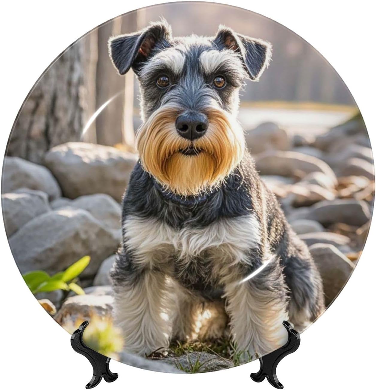 Bone China Decorative Plate with Display Cute schnauzer dog Ceramic Plates Crafts Art Decor Dessert Plate Ceramic Ornament Porcelain Plates for Living Room Kitchen Table Home Decor