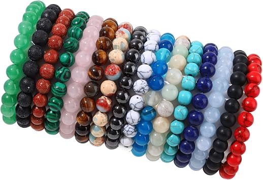 FIRAZIO 16PCS Semi-Precious Gemstone Bracelet - Crystal Stone Beaded Bracelets for Women Men 8mm Round Beaded Stretch Bracelets Unisex Yoga Bracelets Gifts 16Pcs